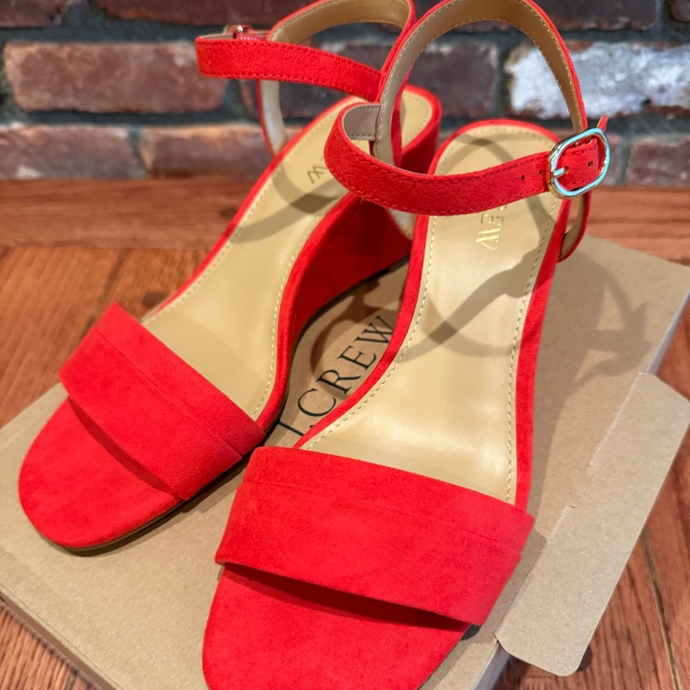 J. Crew Red Suede Wedge Sandals with Ankle Strap